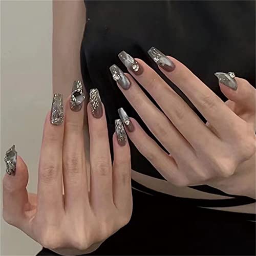Retro cvetajući lažni nokti Full Cover Dijamantska duga Coffin presa na noktima sa lepkom za žene i devojčice