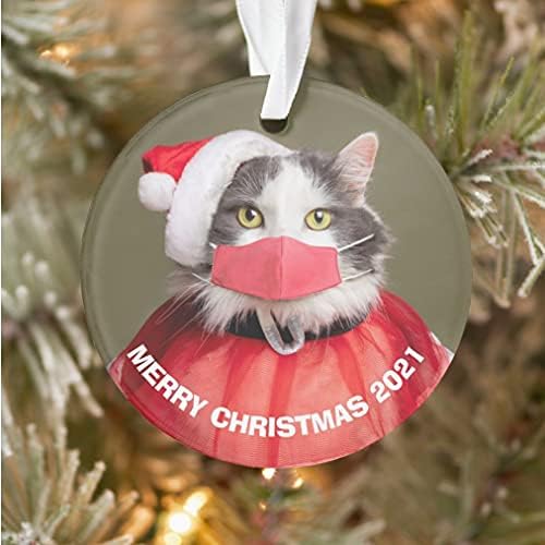 Slatki Božićni ukras 2021, Sretan Božić 2021 mačka u Covid maski za lice keramički Ornament slatka maca