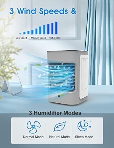Birspppy prijenosni klima uređaj, isparavajući hladnjak zraka sa 3 brzine, rotacije od 70 °, 7 LED svjetla,