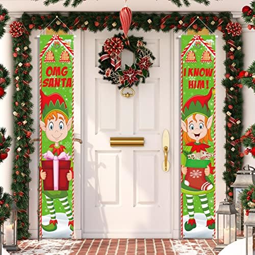 Elf Božićni baner Prednji znak Trijema, omg Santa, znam ga za Xmas Holiday Front vrata potpisuju garažnu zidni
