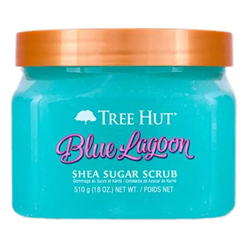 Drvo Hut Blue Lagoon Shea Set pilinga šećera! Piling tijela 18oz, lofah i kašika! Formulirano sa pravim šećerom, certificiranim shea maslacima i morskim mineralima! Ultra hidratantna i piling pilinga!