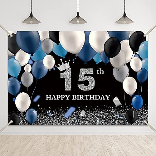 Bellimas crna i srebrna pozadina za 15. rođendan Tamnoplavo-bijeli baloni kruna 15 ukrasa za rođendanske zabave petnaest banera sa bakrenim ušicama