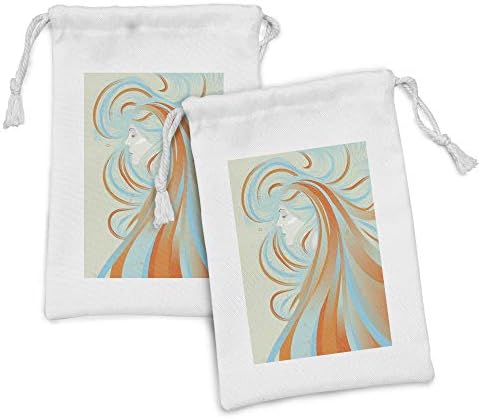 Ambesonne apstraktna torbica tkanina od 2, nadrealna ilustracija duge kose žene sa zatvorenim očima, male vrećice za vuču za toaletne potrepštine maske i favore, 9 x 6, narančasta i neba plava