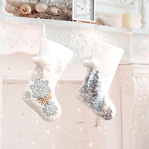 Toocat Bijele božićne čarape 2pcs 14 inča sa srebrnim snježnim pahuljicama, sezonske zimske