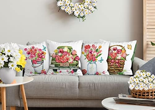 Proljeće ljetni jastuk 18x18 set od 4, ružičaste tulipane Cvijeće Dekor jastuci cvjetni jastuci za bacanje za kauču Sofa unutarnje vanjsku seosku kuća za dom
