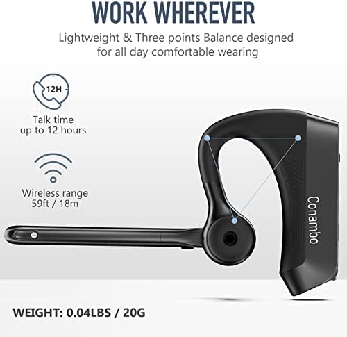 Conambo K21 Bluetooth slušalice V5. 1, Bluetooth slušalica sa CVC 8.0 Dual Mic bežične slušalice za poništavanje buke 12 sati vrijeme razgovora Handsfree slušalice za iOS Android mobilni telefon, kamiondžija, kancelarija