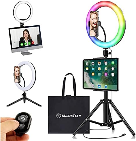 KobraTech RGB 10-inčno Selfie prstenasto svjetlo sa postoljem i držačem za telefon | uključuje držač za iPad, nosač računara, daljinske upravljače i torbicu za nošenje