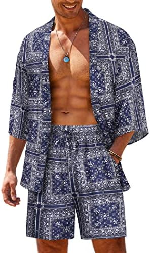 Coofandy Muška 2 komada Outfit Lagana Kimono Cardigan jakna Set Havajska majica na plaži sa šorc