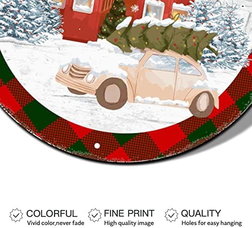 Sretan božićni vijenac Santa Claus Xmas Truck Zimska scena slika okrugla metalna limena potpisuje božićna vrata
