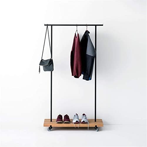 Xyyxdd Rail za odjeću u industrijskom stilu, horizontalna traka metalni stalak za mobilnu odjeću podni stalak za izlaganje sa pregradom od punog drveta stalak za cipele / crna/160 * 117 * 40Cm