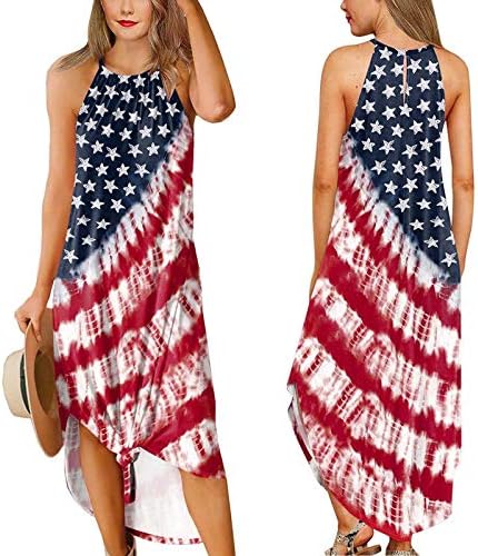 4. jula Maxi haljina za žene ljetna Ležerna boho haljina američka zastava Cami bez rukava Scoop vrat Patriotski sarafan
