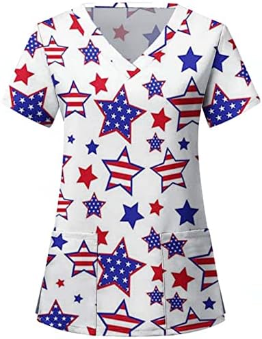 4. jula majice za žene ljetne kratke rukave V izrez košulje sa 2 džepovima radna odjeća za američku zastavu Casual
