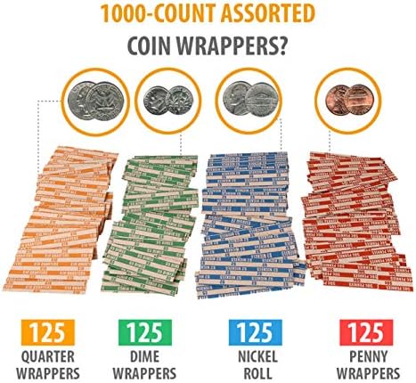 Premium Coin Roll Wrappers 1000-Count miješanih novčić Papers Bundle od 250 svaki četvrtine Nickels