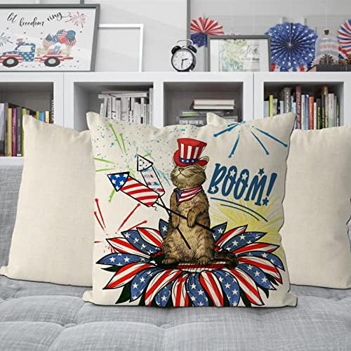 Gagec 4. jula Jastuk navlake 18x18 inča cvjetna američka zastava s mačkama patriotsko bacanje jastuka navlaka za dan nezavisnosti Dan spomen-dnevni kauč za jastuk za jastuk za kauč za kauč