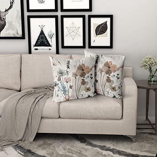 Smeđa krema Sivi teal cvjetni jastuk 20x20 inčni akvaretni cvjetni kauč kauč za cvijeće rustikalni