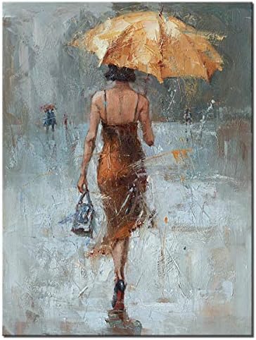 Apstraktna zidna Umjetnost Kiša Moderna slika na platnu djevojka kišobran sa crvenom haljinom šetnja uličnom