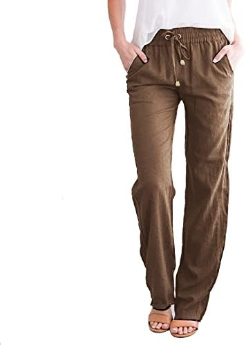Ležerne letnje lanene pantalone za žene široke pantalone sa džepovima labave jednobojne pantalone