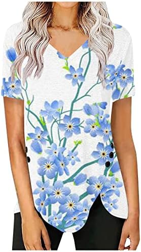 Ayaso Womens 2023 Ljetne casual majice V izrez kratkih rukava Tunički vrhovi Dugme Decor Cvjetni ispis