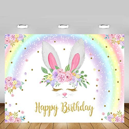 MEHOFOND 7X5FT Glitter Rainbow Bunny Girl Happy Birthday Party Dekoracije pozadina Floral Gold Glitter Magical Rabbit Spring Uskršnja fotografija pozadina Photo Banner Poster za potrepštine za torte