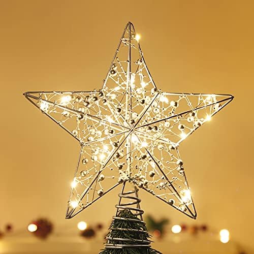 Lewondr Božićna staza, 11-inčni božićni stablo Topper zvezda zvezda zvjezdica, baterija, upravljači božićne staklene staklene staze za Xmas Tree Home Holiday Dekoracija, srebro