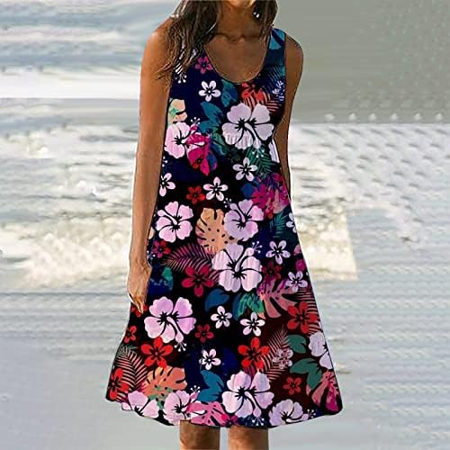 Fragarn Ljetne haljine za žene 2023 Trendy, ženska ljetna cvjetna print plaža Okrugla haljina bez rukava bez