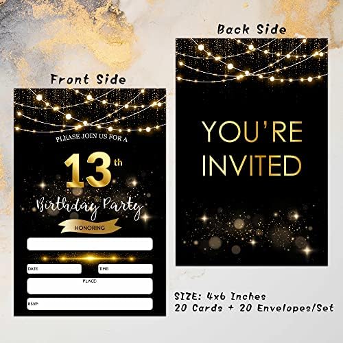 13. rođendanski pozivnici sa kovertama - Crno zlato Glitter Fill-in pozivnice - Poziv za rođendan