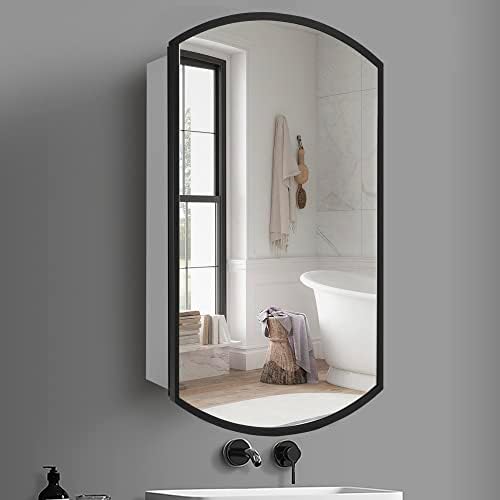 Movo Oval aluminijumski ormarić za ogledala, 16 Š x 26 H Crni uokvireni medicinski ormarić za seosku kuću sa Zrcalnim vratima, udubljenim ili zidnim ormarićem za kupatilo sa ogledalom,podesivim staklenim policama