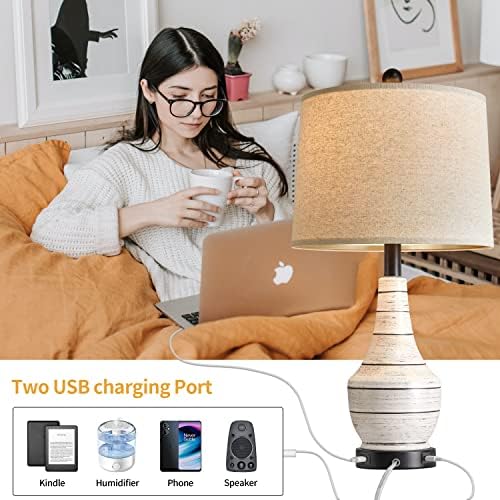 USumkky lampe za spavaće sobe Set od 2, 3-smerne keramičke rustikalne lampe sa USB priključcima