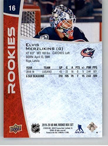 2019-20 Gornja paluba NHL Rookie # 16 Elivs Merzlikins Rc Rookie Columbus Blue Jackets NHL hokejaška trgovačka kartica