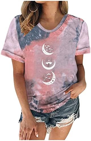 TIE-DYE majica za žene, ženski mjesec tiskani vrhovi Ljetni kratki rukav majice Osnovni labavi okrugli izrez casual bluze