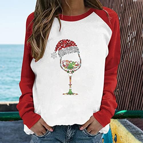 Dugi rukavi vrhovi ženske proljetne patchwork božićne tiskovine s dugim rukavima okrugli vrat Casual majice za okrugle vrata