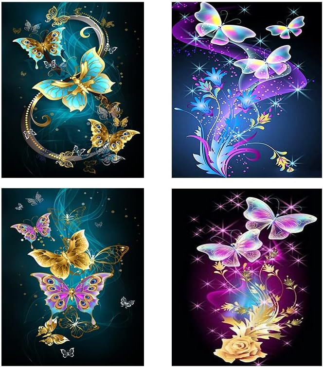 Mirabuy 4 pakovanje leptir dijamantskih setova za odrasle i djecu, 5D okrugli bušilica leptir s cvijećem