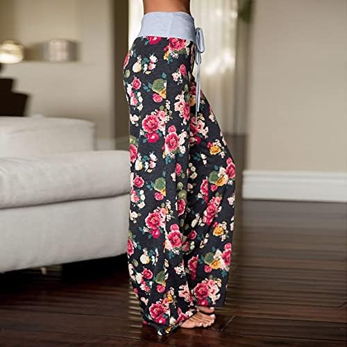 Široke pantalone za noge za žene cvjetni print opušteni fit široke pantalone za noge elastične struke prozračne pajama hlače za žene sa džepovima