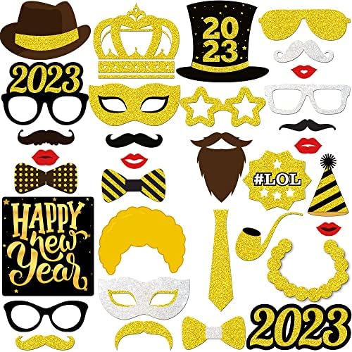 New Years Eve Photo Booth Props 2023-paket od 33 komada, Real Glitter NYE Photo Booth Props 2023 | New Years Eve
