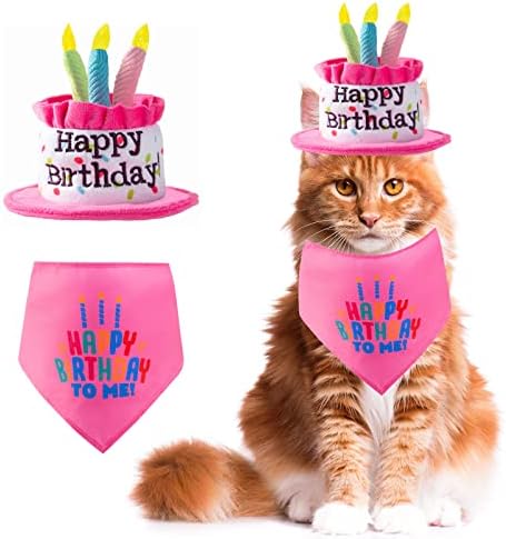 Ushang Pet Cat Happy Rođendan Hat sa šarenim svijećama, ružičasti mačka rođendan kolač i rođendan Bandana Scarfs set za male životinje, cat rođendanski ukrasi za rođendan