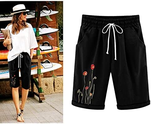 Pamučne kratke hlače za žene Dužina koljena Bermuda Hlače Elastični struk Comfy Radne kratke hlače Hodalice s džepovima