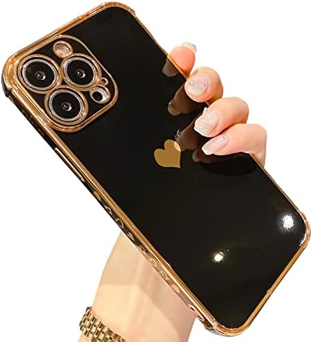 Niufoey kompatibilan sa iPhone 13 Pro futrolom sa zaštitom kamere, luksuzna pozlata ljubavnog srca futrola za telefon žene muškarci djevojke, Meki TPU branik sa malim ljubavnim uzorkom,vazdušni jastuk otporan na udarce 6,1 inča-Crna