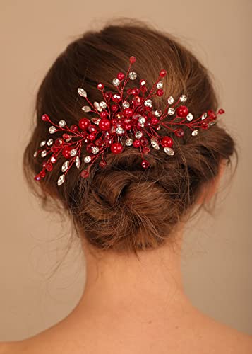Denifery crveni kristalni češalj za kosu za žene crveni biser Svadbeni komad za kosu Boho Hair Accessories za matursku zabavu