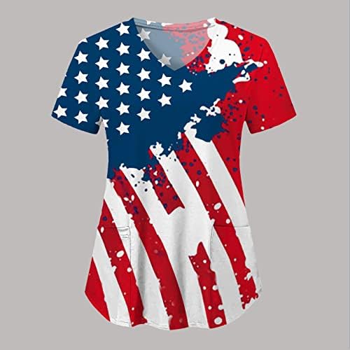 4. jula vrhovi za žene Američka zastava Ljetni kratki rukav V bluza iz vrata sa 2 džepa Smiješna za odmor casual
