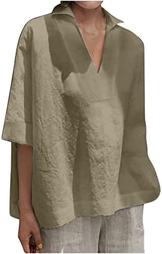 Ženska pamučna posteljina majica modna čvrsta boja Tunike TEES casual kratkih rukava V Vratske majice