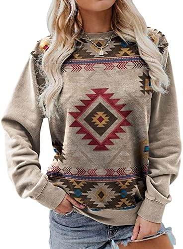 Ženski Aztec Geometrijski print dugih rukava Top Slatka zapadna kaubojska odjeća za košulju Pulover