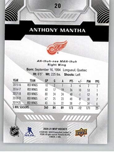 2020-21 Gornja paluba MVP Srebrna skripta # 20 Anthony Mantha Detroit Crvena krila NHL hokejaška trgovačka kartica