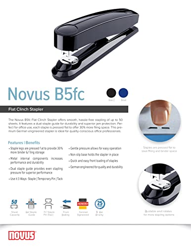 Novus B5FC Stan Clinch Stepler, kapacitet od 50 listova, njemački inženjerirani, spajalica | PIN | Tack, čelični