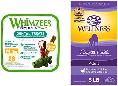 WHIMZEES by Wellness Dental Treats + paket suhe pseće hrane: dugotrajni žvakači bez žitarica, srednje veličine, broj 28 + kompletna zdravstvena suha hrana sa zdravim žitaricama, piletina i zobene pahuljice, torba od 5 lb