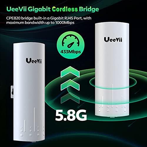 Bežični most Gigabit velike brzine, UeeVii CPE820 5.8 G 1Gbps WiFi vanjski CPE od tačke do tačke sa 16dbi antenom visokog pojačanja, Lang opseg do 3km, Plug and Play,24V PoE snaga, IP65 vodootporan, 2-Pack