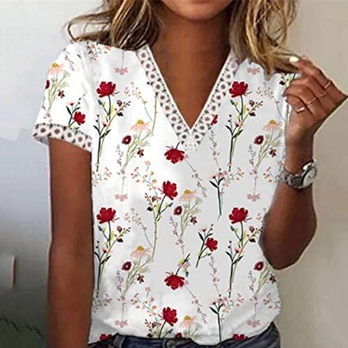 Ženska elegantna majica V vrat Crochet čipke Tops slatki cvjetni tisak kratkih rukava 2023 ljetne dressy