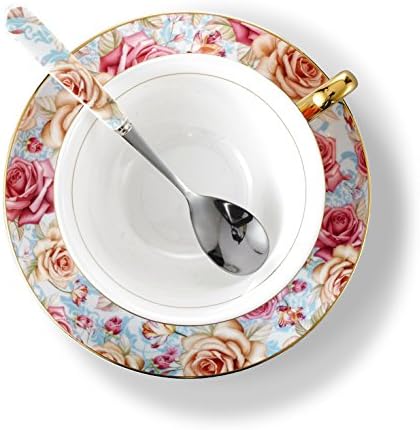 Panbado Bone Kina 3-komad 6.8oz Tajni tanjir Spaon Vintage Porcelanski set kafe, servis za 1, cvijet, 200ml