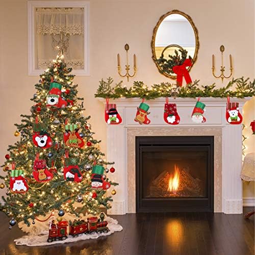 Mini božićne čarape - 12 paketa Različiti dizajn 6,25IN 3D nosači poklon kartice sa Santa, Snowman, Reindeer, medvjed, Xmas Party Pokloni za ukrase drveća, tretiraju torbu za pribor za jelo