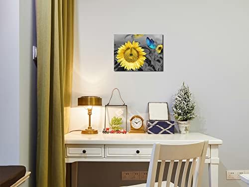 Dekor za kupatilo suncokretovo platno zid Art Plavi Leptir slika cvijeće Florals Painting žuta siva umjetnička