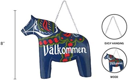 Švedski tematske drva 8 narandžasto-crvena Dala konja kuća Welcome Valkommen znak sa Artwork Decal & Ručno obojene akcente | ScandinavianGiftOutlet